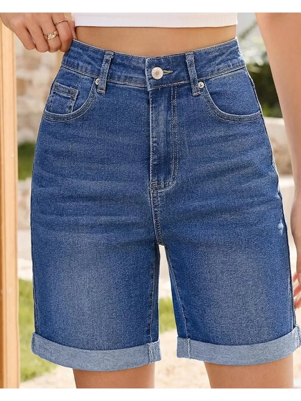 Women's Blue High Waisted Fold Hem Stretchy 5 Basic Pocket Long Denim Shorts